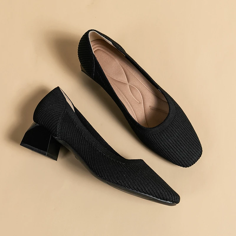 Straight Grain Square Toe Princess Shoes Thick Heel Single Shoes Women Summer Mid-Heel 4cm Breathable Knitted Soft Sole Casual view 4