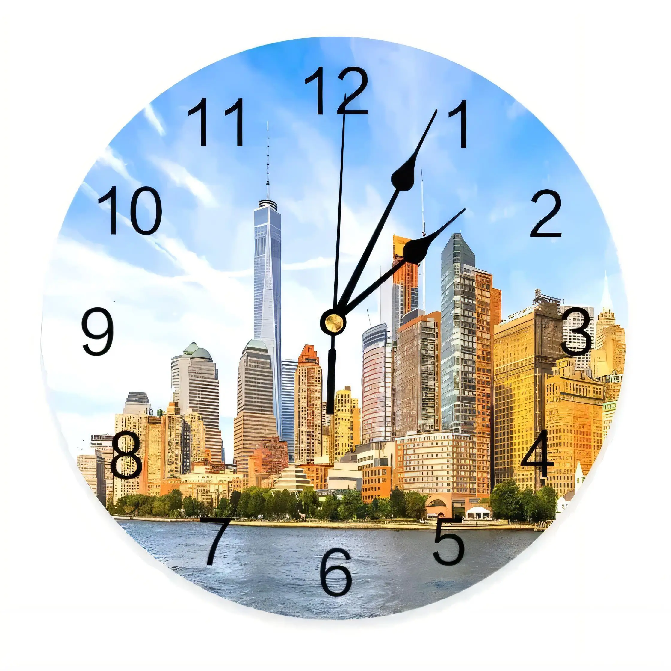 Modern Cityscape Wall Clock  Silent Non Ticking Battery Operated Home Decor Blue Sky Skyscrapers 128 Bytes