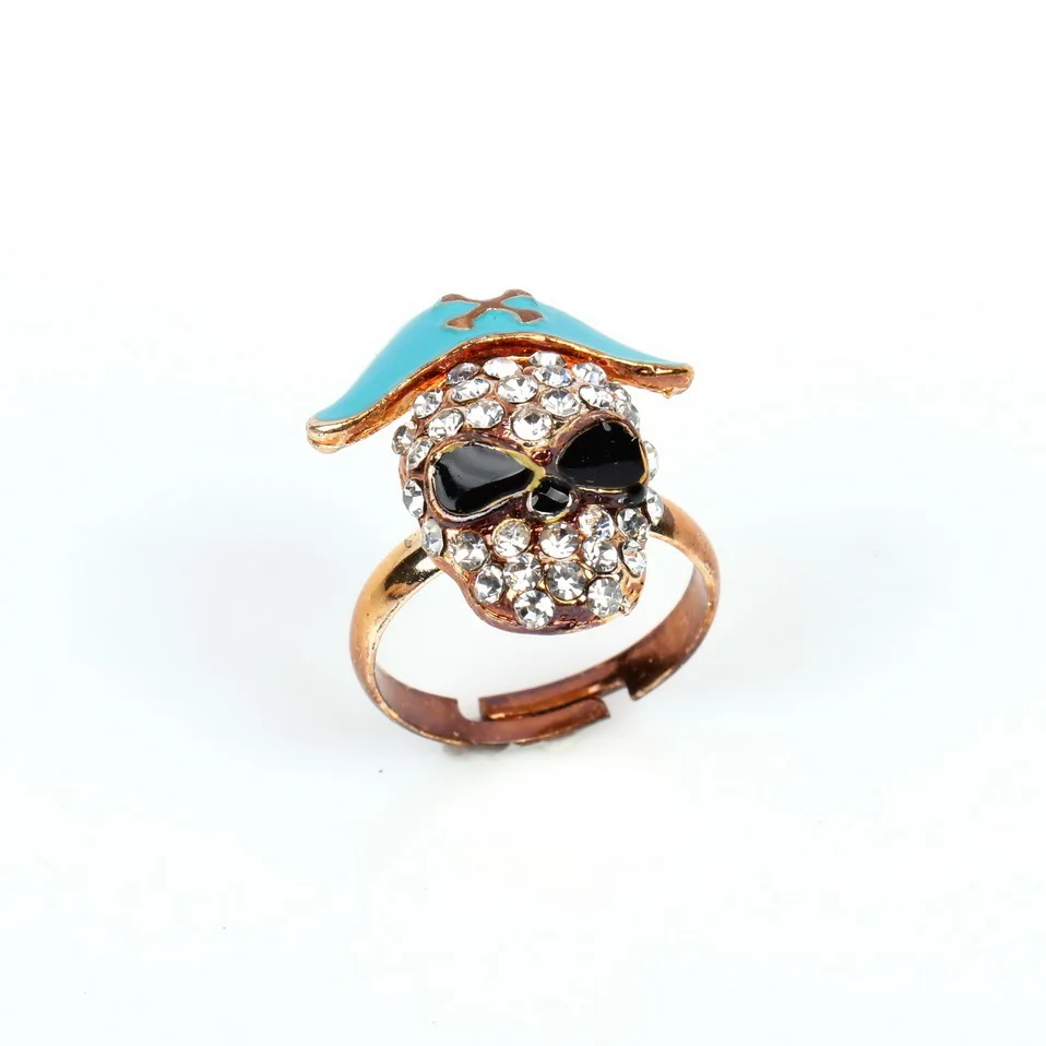 Gold Color Plated Metal Party Alloy Ring Jewelry for Women Fashion New Bead Rhinestone Enamel Pirate Skull Rings for Girls