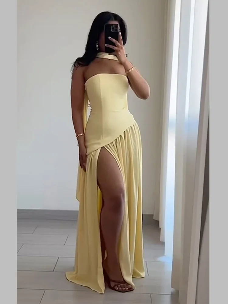 Gelbes trägerloses Partykleid mit Schalkragen für Damen, 2022, neuer hoher Schlitz, rückenfrei, gespleißt, plissiert, Roben, weibliche Sommerparty-Abschlussballkleider