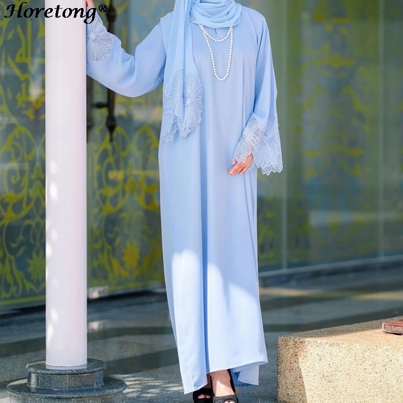 

2026 Elegant Abaya For Muslim Women With Hijab Set Lace Trim Long Sleeve Loose Modest Islamic Maxi Dress Ramadan Eid Daily Wear