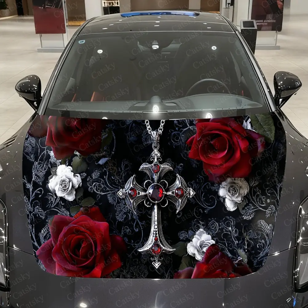 

Vintage Silver Cross & Roses Car Vinyl Wrap, PVC Waterproof Car Hood Sticker, Self-Adhesive Scratch-Resistant Stickers