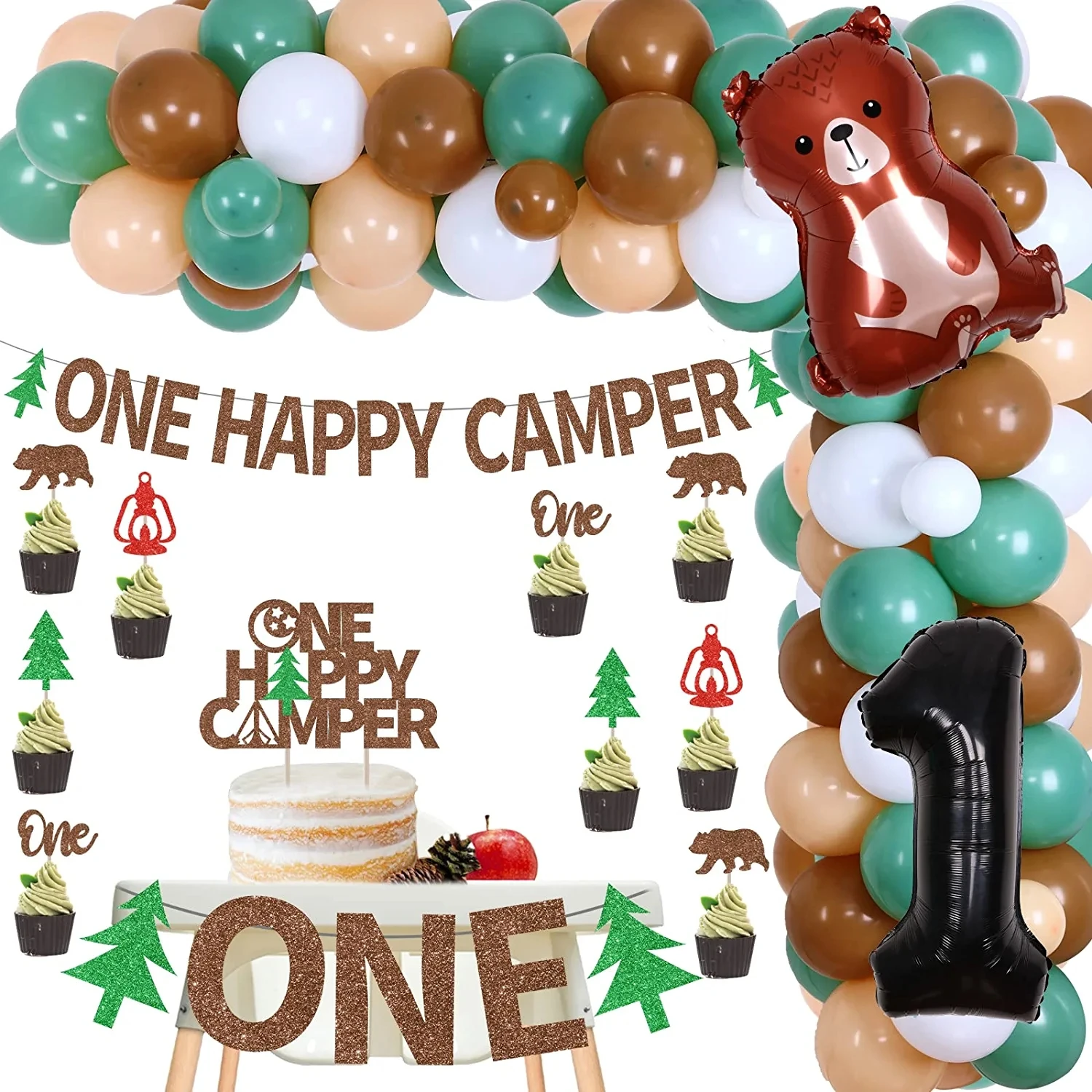 

Sursurprise One Happy Camper First Birthday Decorations Camping 1st Birthday Balloon Garland Kit One Happy Camper Glitter Banner