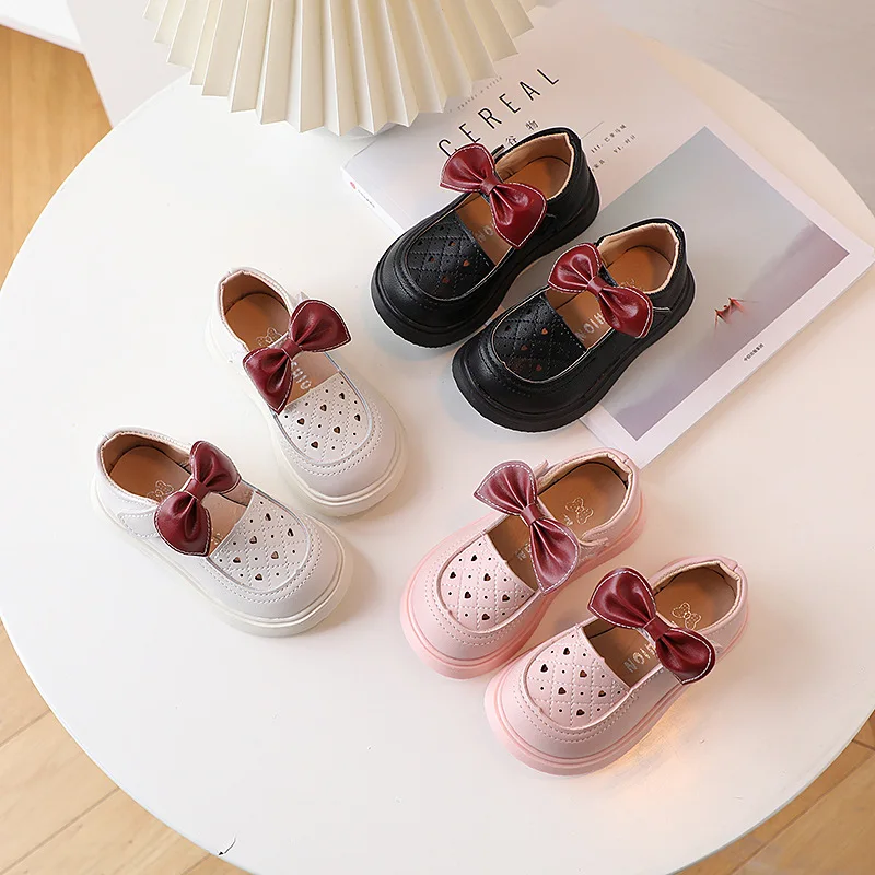 Girls Love Hollow-out  Autumn Bow Flats Comfortable Soft Sole Children Casual Shoes Fashion Simple Bow Princess Shoes Size 23-33