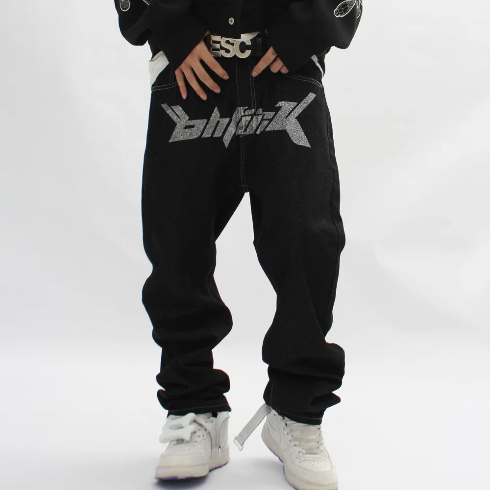 Celana Jeans Pria Motif Huruf Gaya Eropa dan Amerika Celana Lurus Longgar Merek Fashion Jalanan Celana Ayah Kasual Gelap