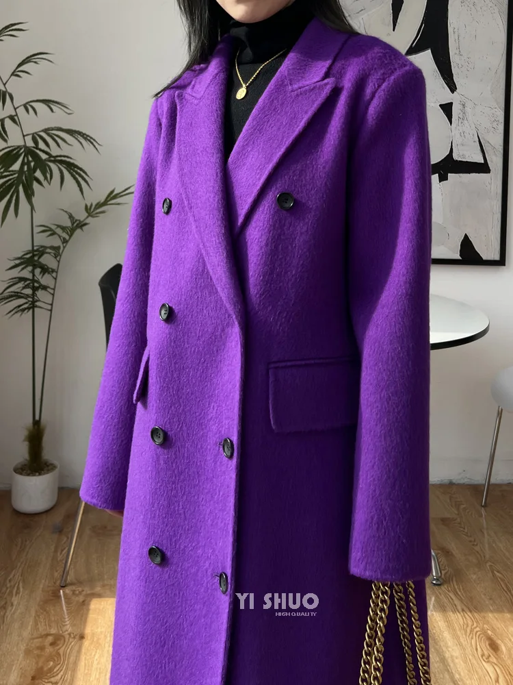 Otoño Invierno nuevo abrigo grueso de lana de doble cara mujer elegante cuello vuelto doble botonadura chaqueta de lana de longitud media Mujer