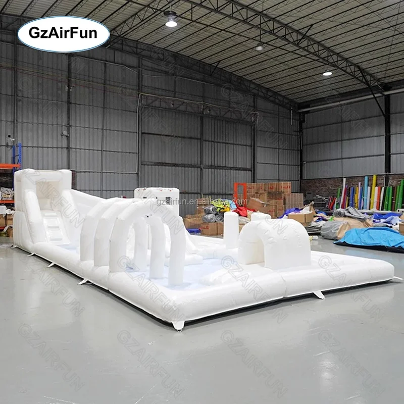 2025 New Design Kids Amusement Park White Inflatable Playground Water Slide Obstacle Race