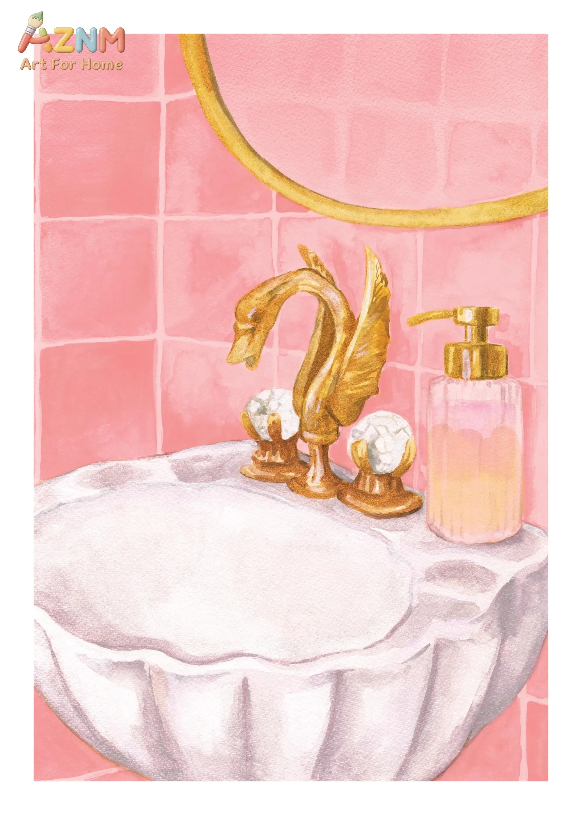 Pink Vintage Bathroom Canvas Prints, Gold Swan Faucet Scalloped Sink Pastel Girly Bath Wall Decor Unframed Canvas