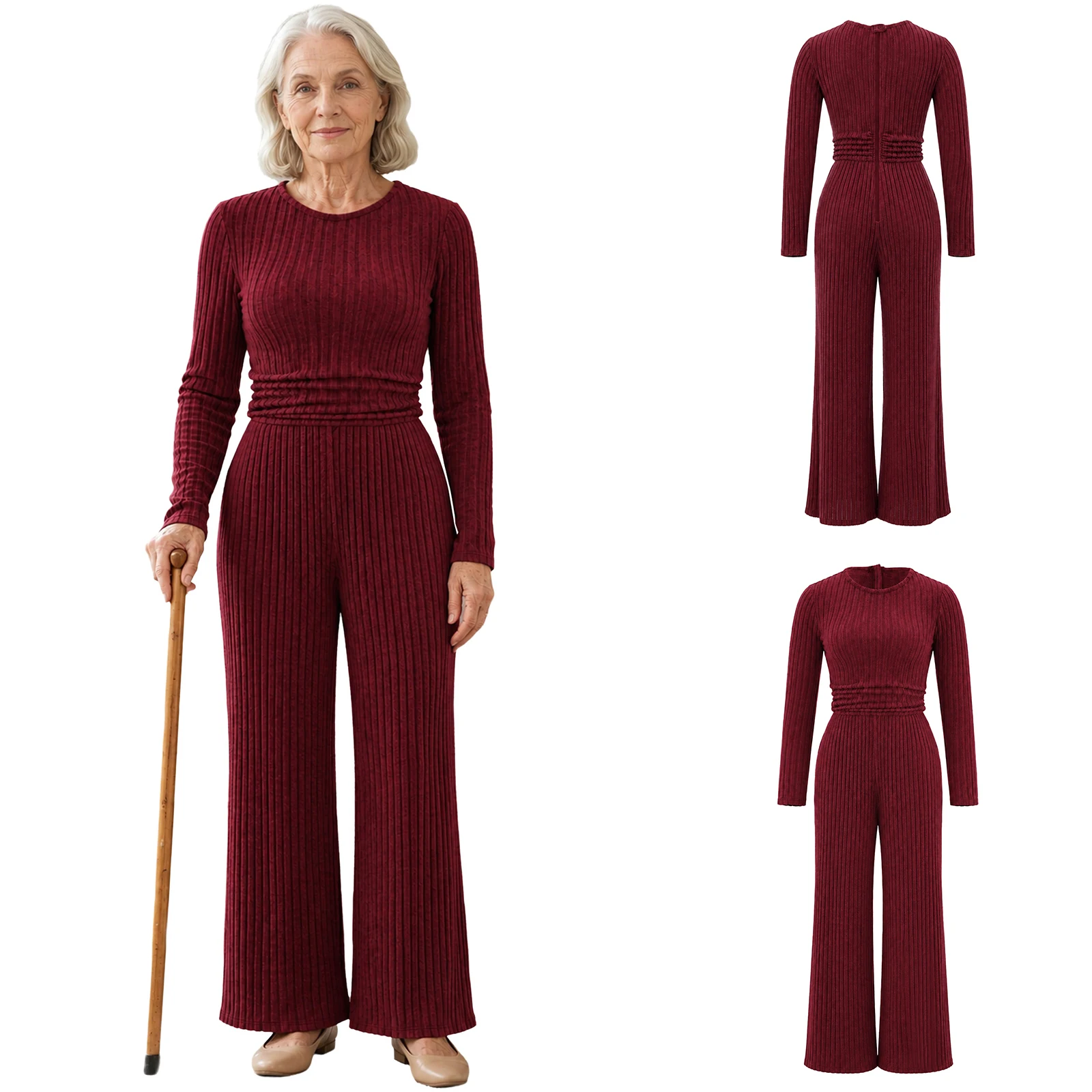 Elderly Women Special Need Adaptive Clothing Jumpsuit Long Sleeve Anti-strip Back-zip Ruched Waist Brushed Ribbed One-piece