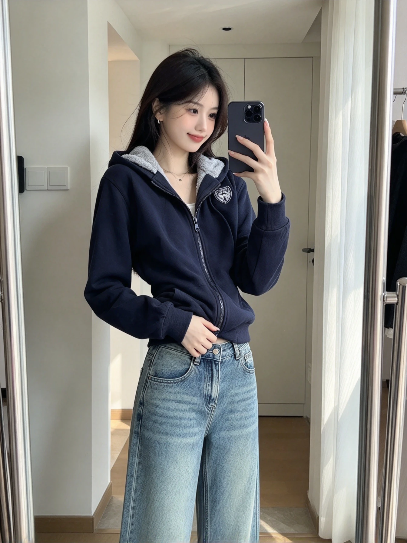Solid Navy Hooded Zip Up Coat Embroidered Shield Badge Light Fleece Lining Long Sleeve  Hooded Jacket  Autumn Winter Outer Layer