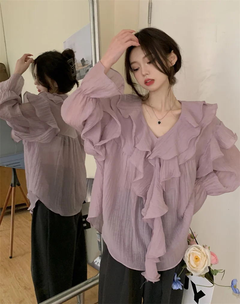 

Женская рубашка больших размеров с V-образным вырезом и длинным рукавом, летняя, новый стиль, элегантная, стройнящая, с защитой от солнца, с узором «снежинка», женская одежда