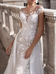 Fashion New in Court Train A-Line Cap Sleeve Strapless Neck Lace Appliques Woman Wedding Dresses Bridal Engagement Party