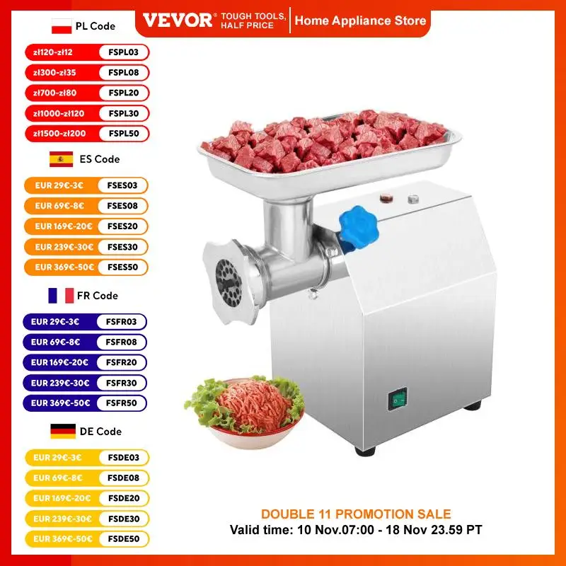 VEVOR Máquina Picadora de Carne del Acero Inoxidable 75 kg por Hora Picadora de Carne Eléctrica Embutidora de Salchichas