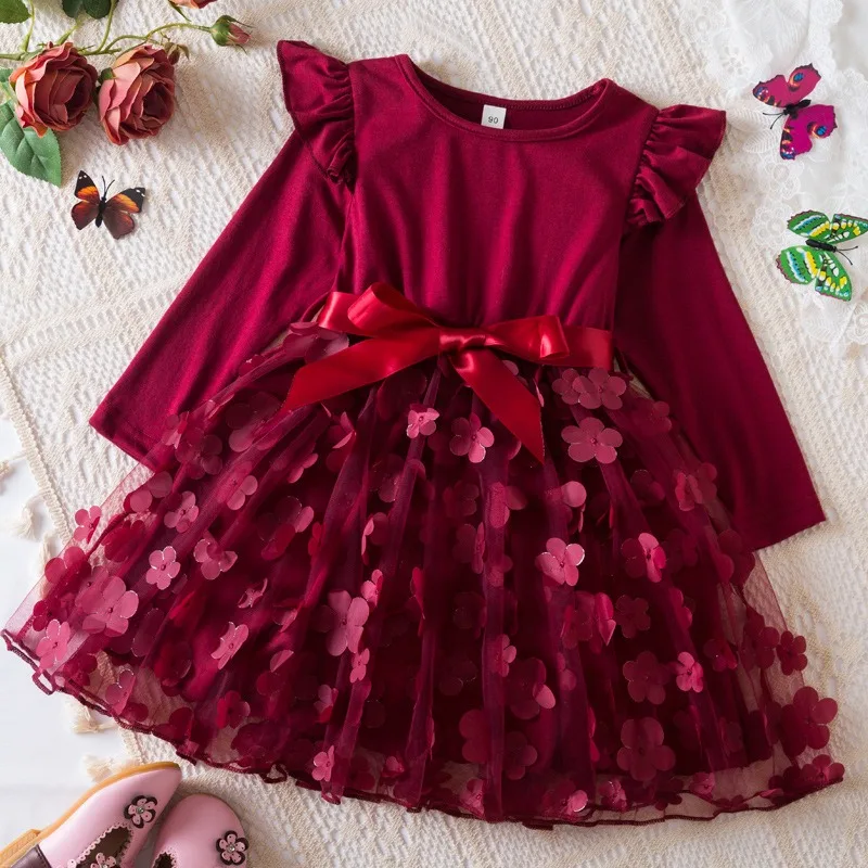 Bambi-Vestido Princesa Manga Comprida para Bebês, Roupas Infantis, Vestidos de Festa, Borboleta 3D, Bonito, Outono, 2-6 Anos