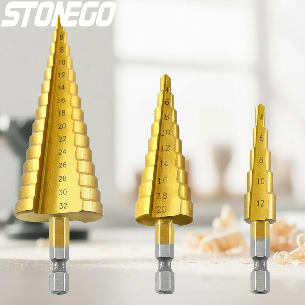 

Hexagon Shank Step Drill 4-12mm 4-20mm 4-32mm Titanium Coated Metal Hole Cutter Tapered Drill Bit for Metal Wood