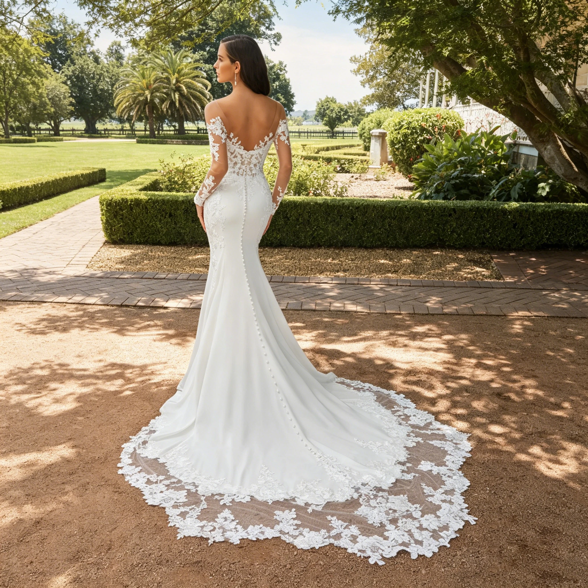 Elegant Off Shoulder Sweetheart Mermaid Bridal Gown Sheer Lace Sleeve Illusion Back Pearl Buttons Chapel Train Satin Custom Size