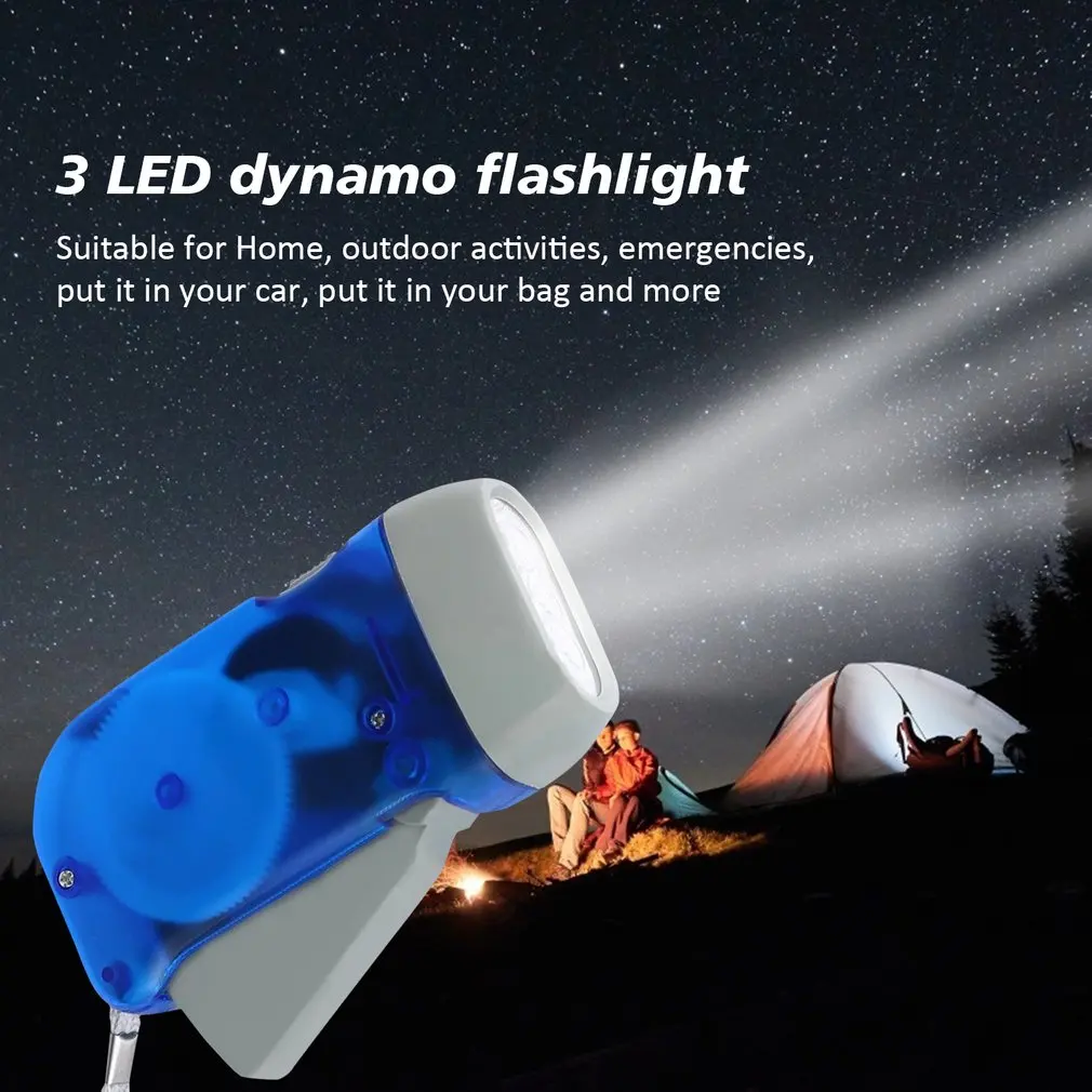 Lampe de poche LED à manivelle dynamo à pression manuelle, lampe torche, lampe de camping, adaptée à la maison, 3