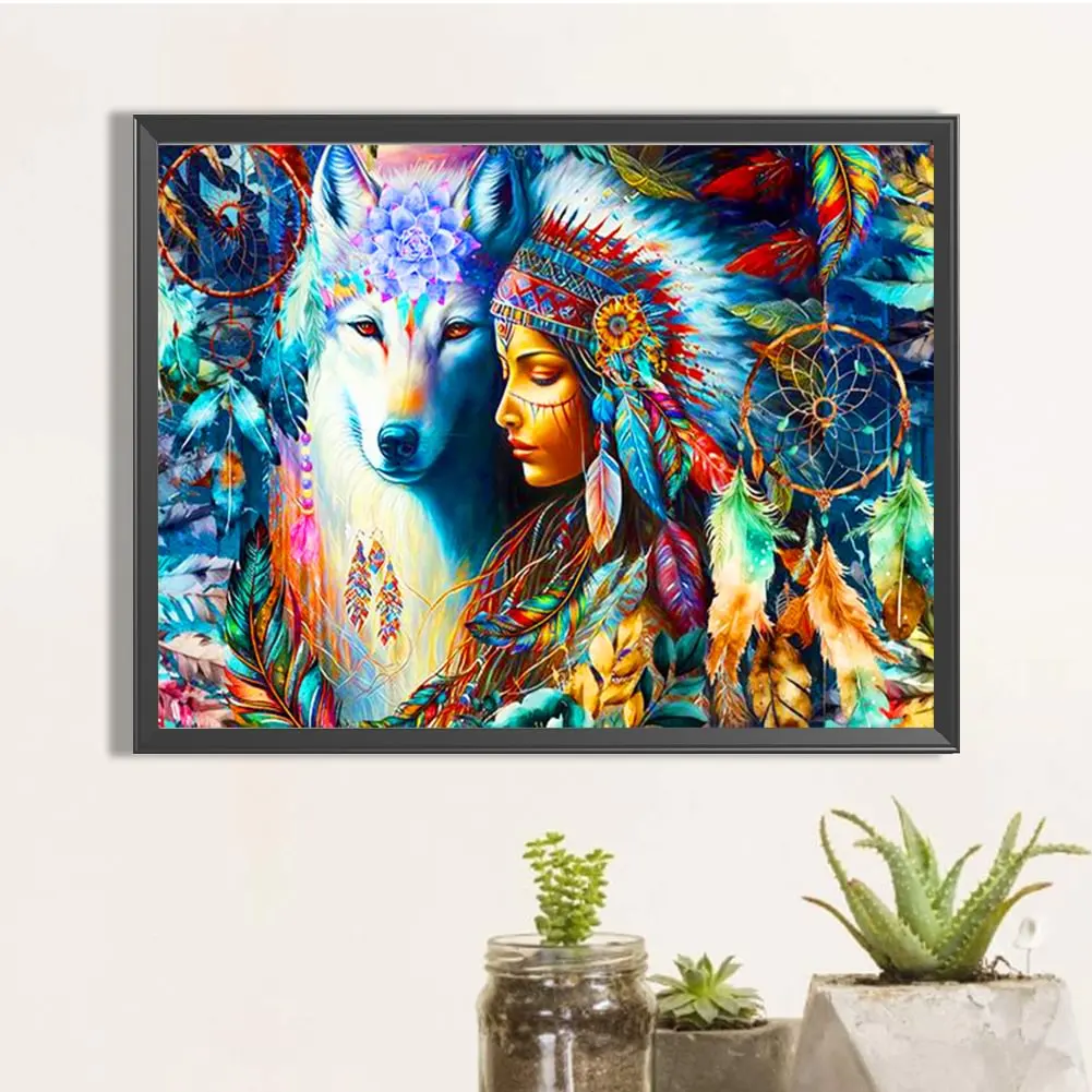 Indian And Wolf Diamond Painting Landscape Mosaic Embroidery Diamond Puzzle DIY Rhinestone Children\'s Room Decoration Gift