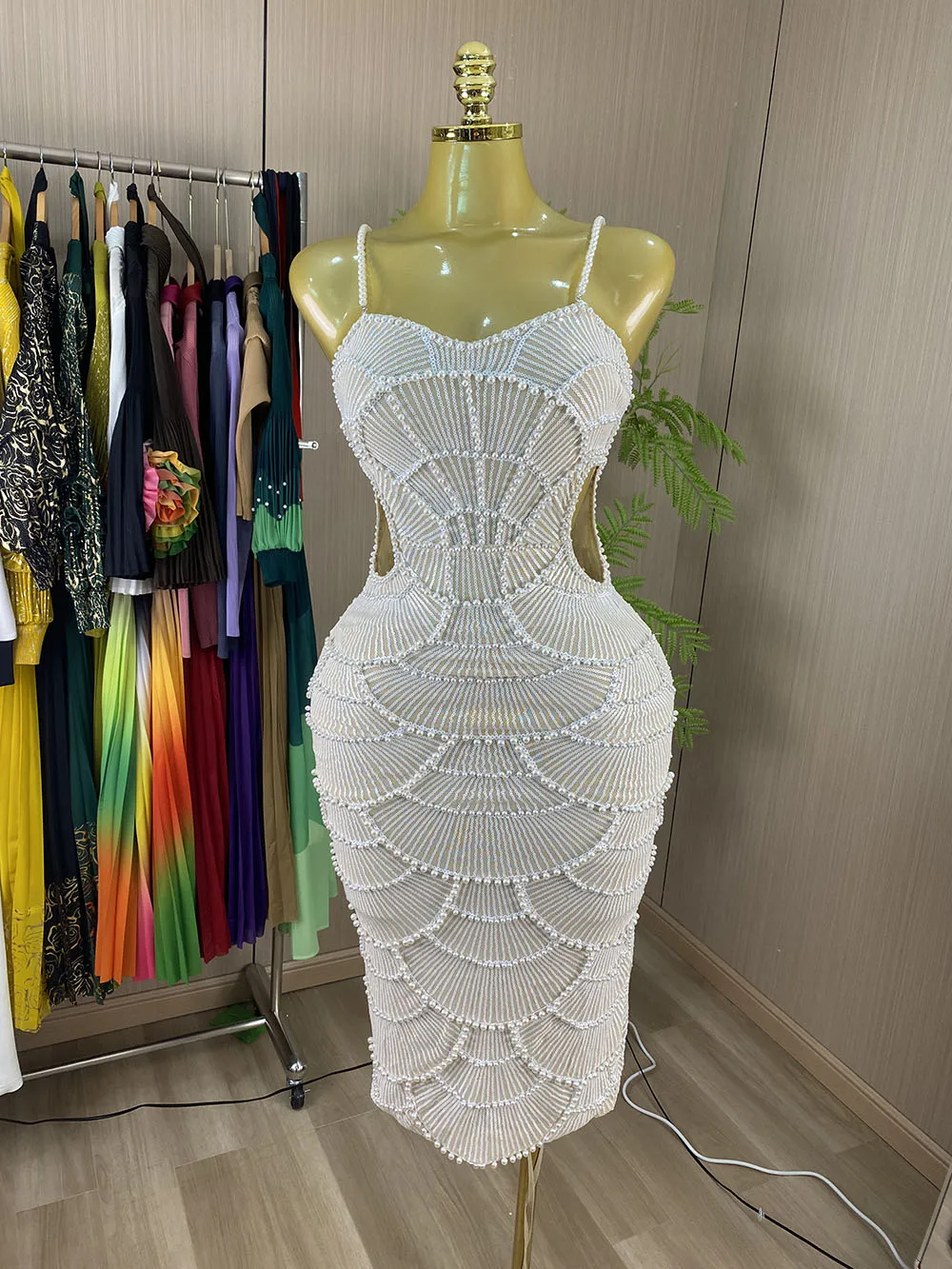 High-quality, sexy, strapless long evening gown featuring sequins, beadwork, and cut-out detailing.-GZXX1195