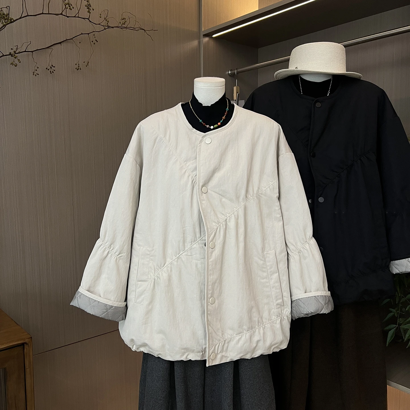 

Loose Fit Cotton Jaet Women's round Ne Workwear Design Sensation Asymmetrical Pleated Autumn Winter Lazy Sle Coat
