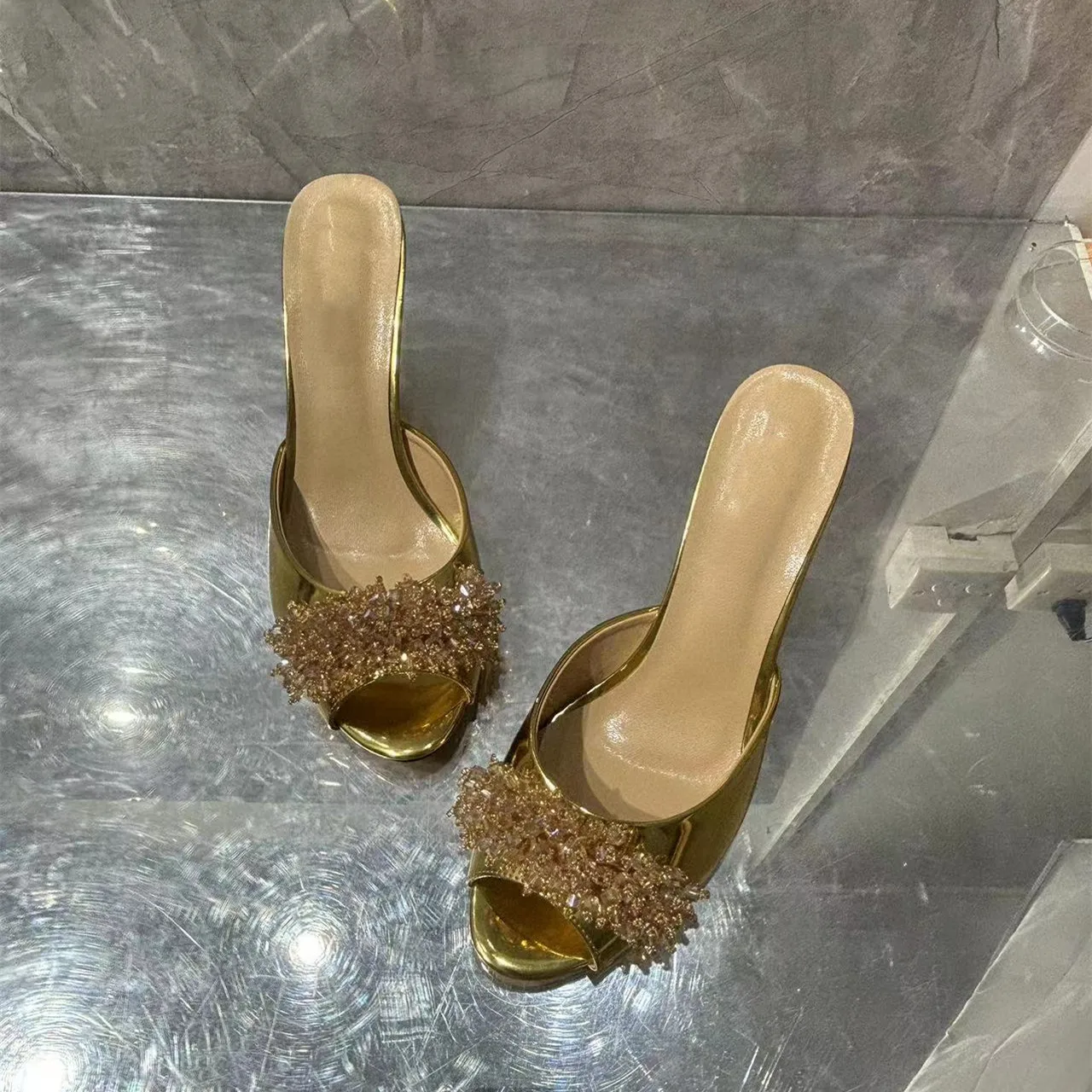 Golden Pointed Peep Toe Thin Heels Slippers for Women New Brand Design Rose Crystals Decor High Heel Half Shoes Lady Size43