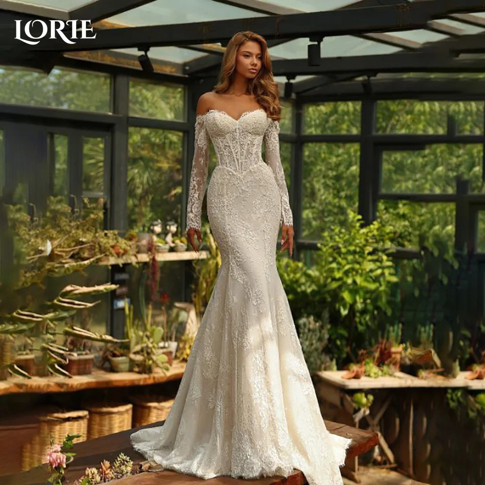 

LORIE Vintage Lace Mermaid Wedding Dresses Pleats 3D Flowers Illsion Bridal Gowns Appliques Long Sleeve Corset Bride Dresses2024