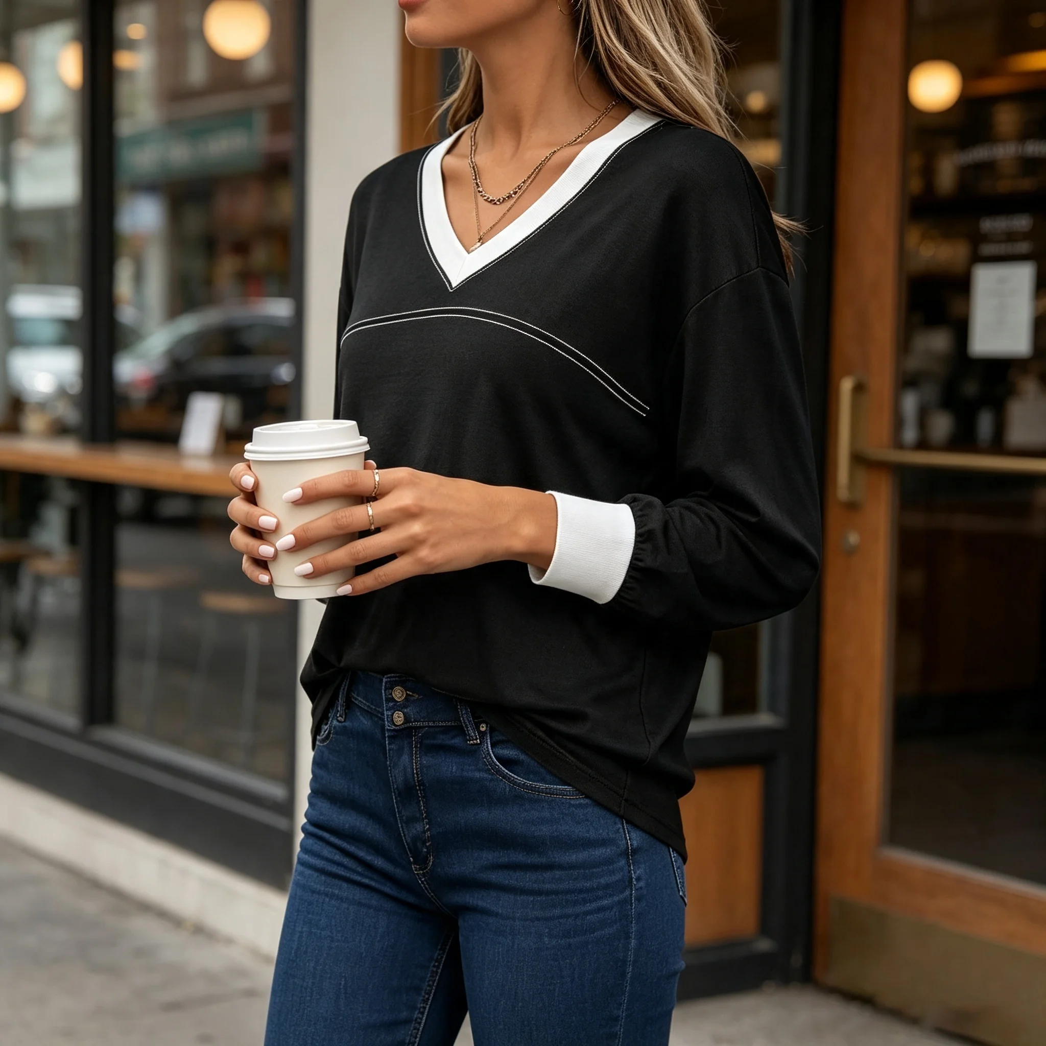 Summer Women's Color Blocked for V Neck Loose Long Sleeve for top for Beach Vacation Cycling Stylish Solid Pattern for top