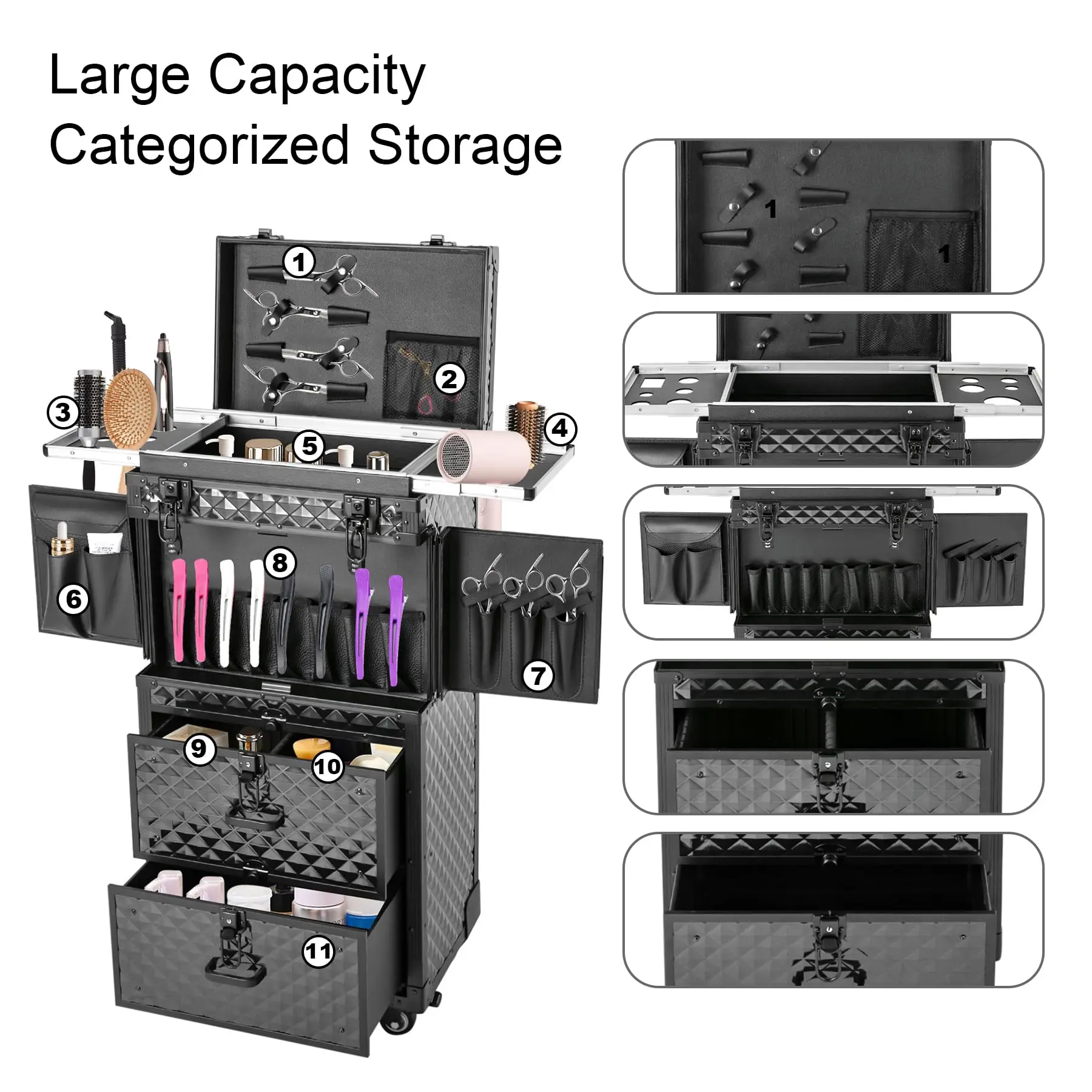 Aluminum 4-in-1 Professional Makeup Artist Rolling Train Case, Lockable Cosmetic Train Case, Large Trolley Storage Case, with Compa