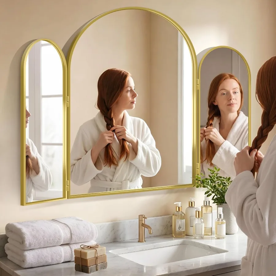Trifold Vanity Mirror for Bathroom, 36x48 Inch Arched 3 Way Mirror with Metal Frame, Tri fold Decorative Mirror Wall Mounted or