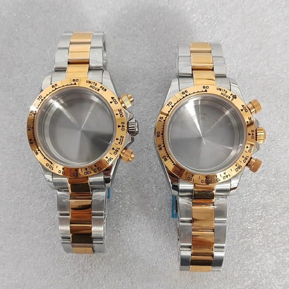 

39MM Watch Case + Watch Strap for VK63 Quartz Movement 316L Stainless Steel Solid Bottom Silver Gold Case Watchband Set