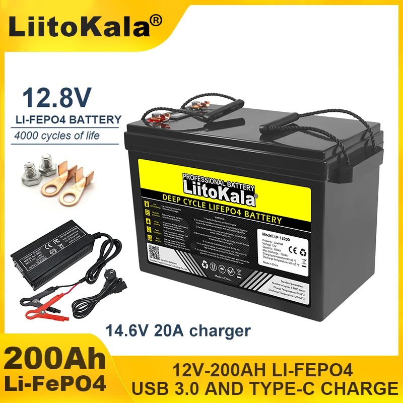 LiitoKala 12.8V 200Ah LiFePO4 battery pack with 12V 4 string BMS For RV Campers Golf Cart Off-Road Solar Wind Energy storage