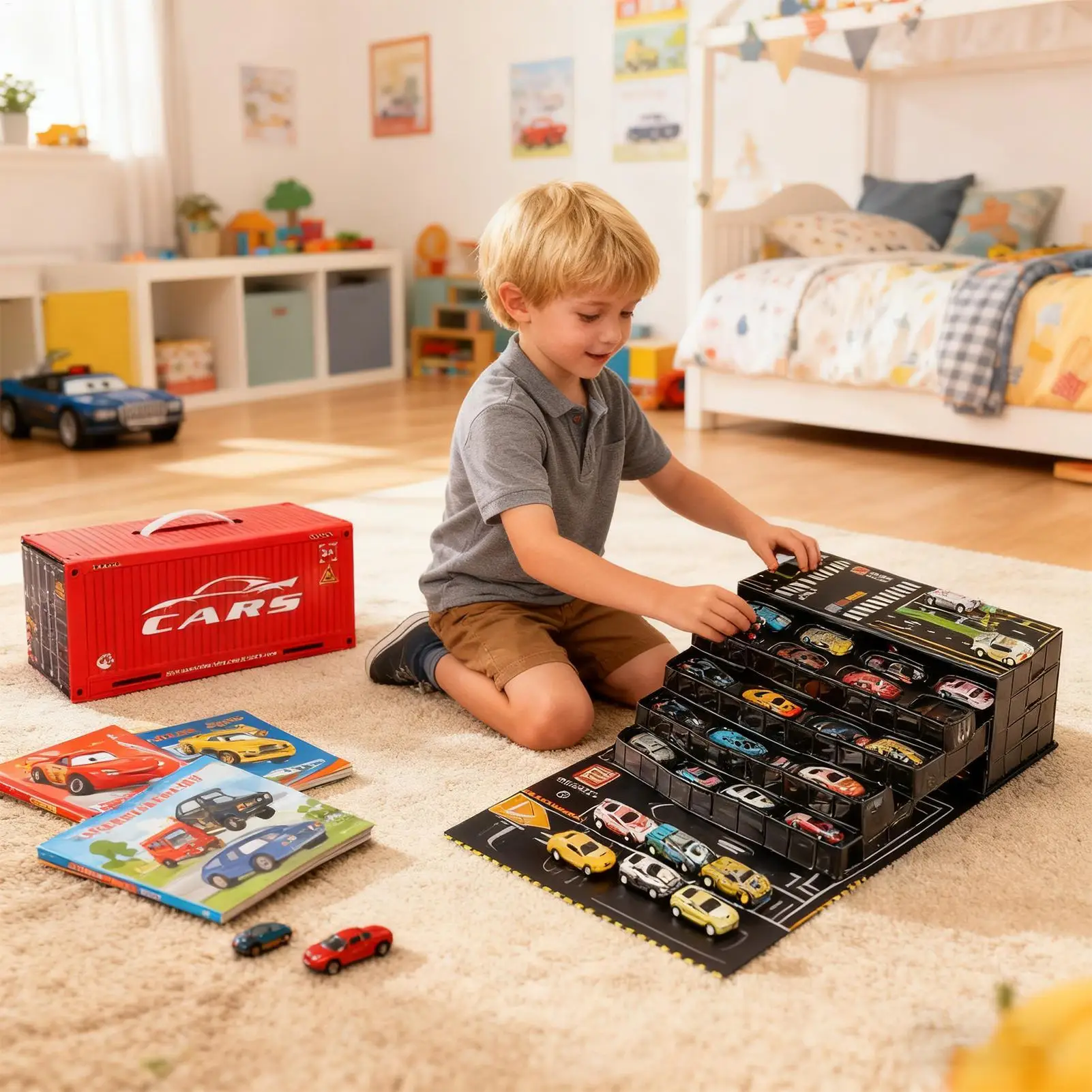 ألعاب تعليمية صغيرة قابلة للسحب للخلف مكونة من 48 قطعة من ألعاب السباق مع سجادة لعب للأطفال والأولاد والمنزل والسفر وغرفة النوم والفصول الدراسية