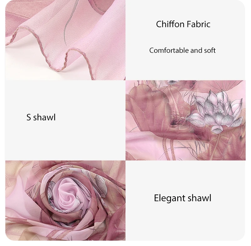 Chiffon-Schal mit Lotus-Aufdruck, modischer, leichter Halstuch für Damen, Sommer-Hals-Sonnenschutz, Seidenschal, 150 x 50 cm – Detail 2
