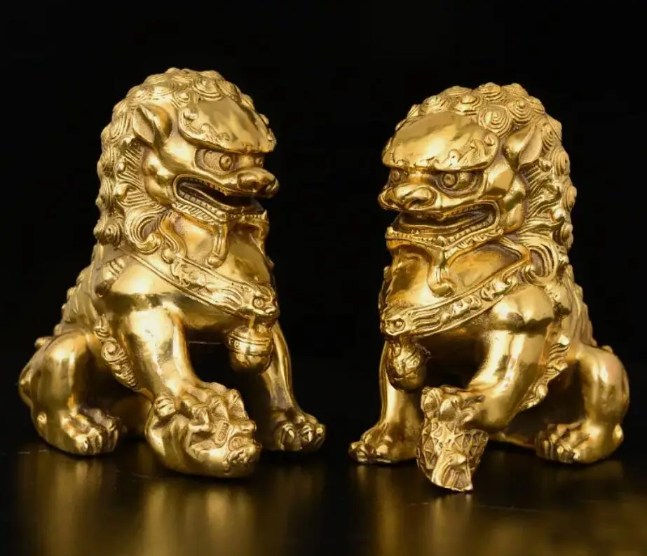 China old Classic Archaic Bronze lion pair Fu Foo Dog guard Statues lions 15.5cm