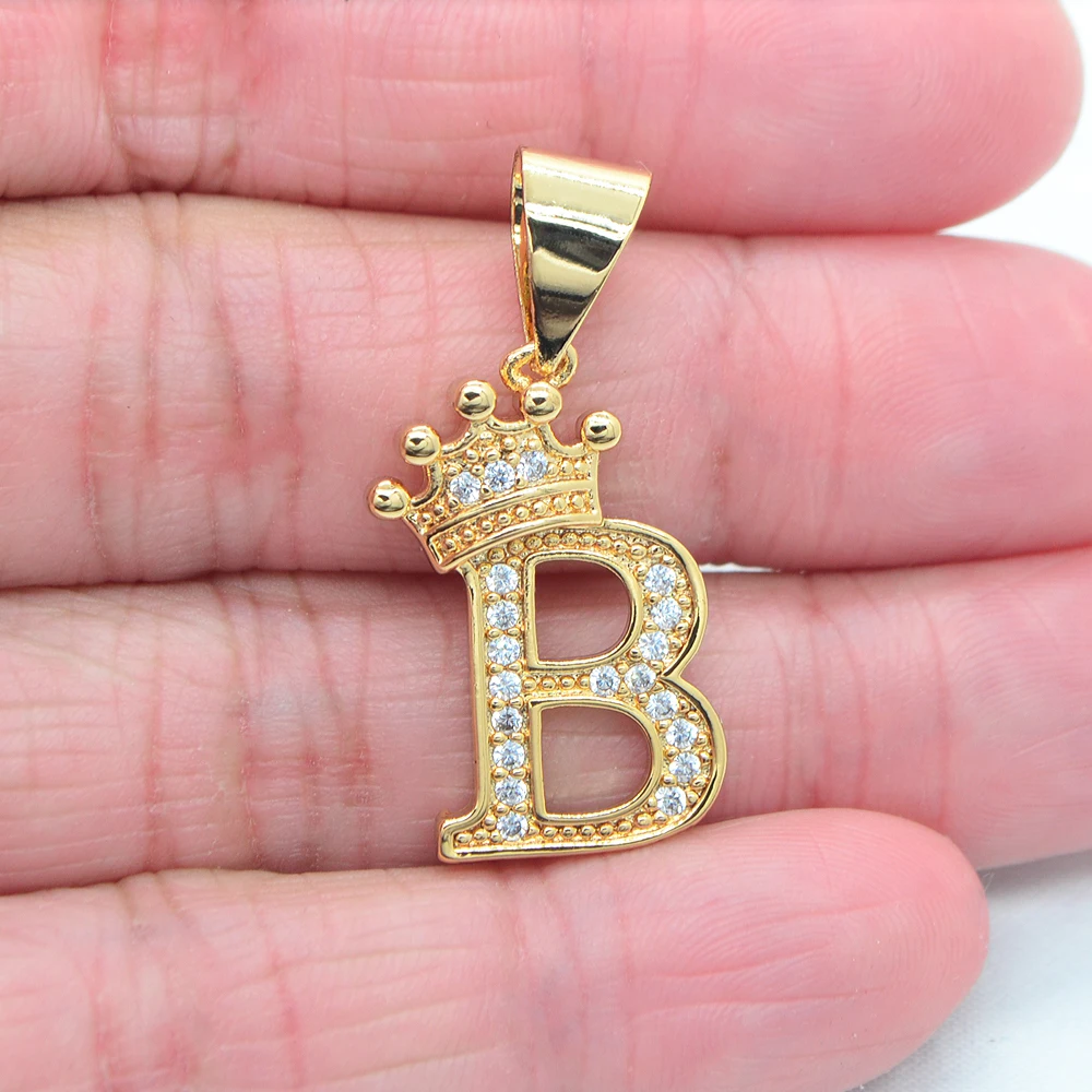 High Quality Gold Color Clear Cubic Zirconia Fashion Alphabet Letters Small Crown Pendant Jewelry