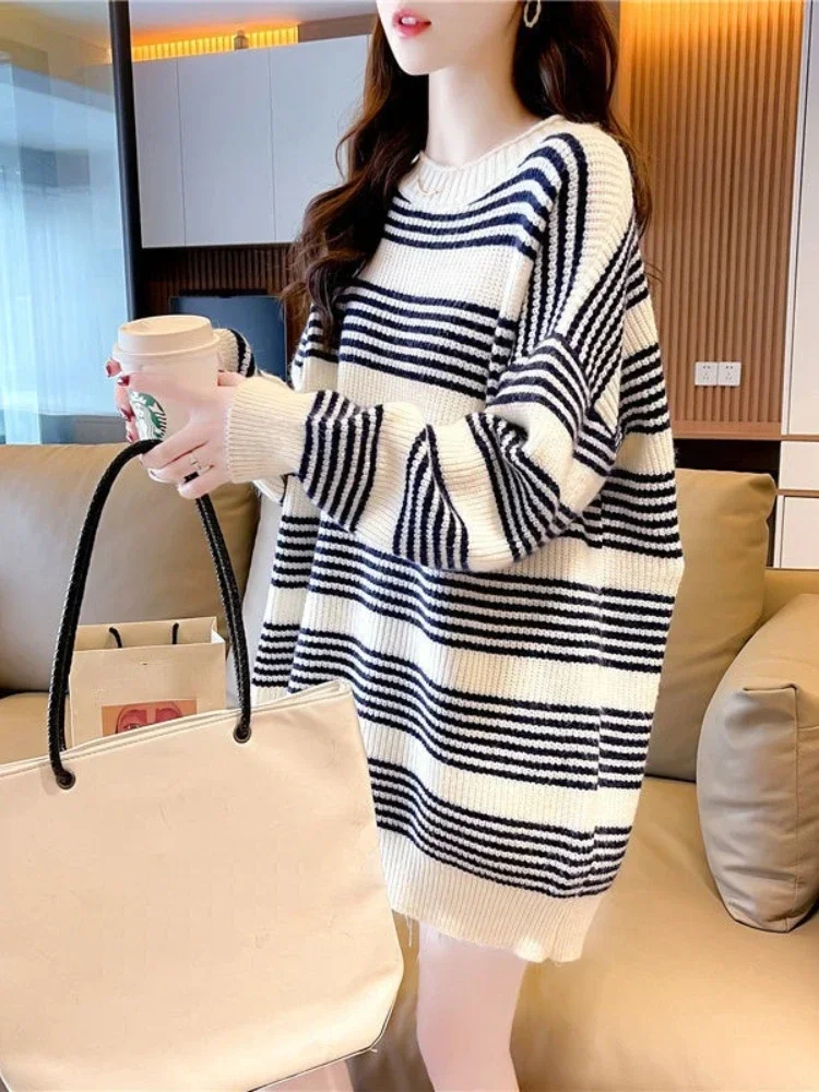

Sweaters for Women Autumn Winter Striped Long Sleeves O Neck Knitted Sweater Korean Fashion Casual Loose Versatile Sweaters Tops