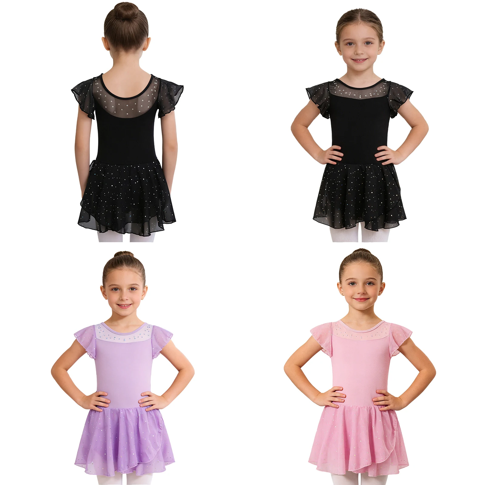 

Kids Girls Shiny Sequins Mesh Chiffon Ballet Dance Leotard Tutu Dress Skating Gymnastics Dancing Class Performance Costume