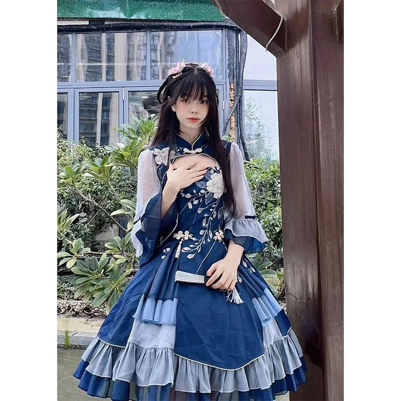 

Платье больших размеров в китайском стиле Ханьфу Лолита, женское элегантное повседневное платье-принцесса с короткой юбкой и пятью рукавами