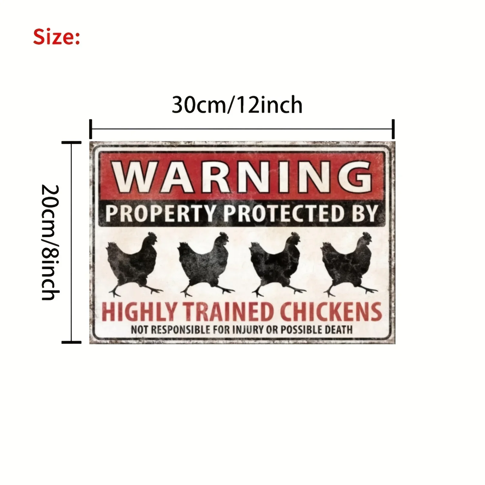 Vintage Aluminum Metal Sign, One-Piece Design, Featuring a Fun Farm Warning Decoration with a High-Towing Chicken, Red and Black Rustic Retro Design
