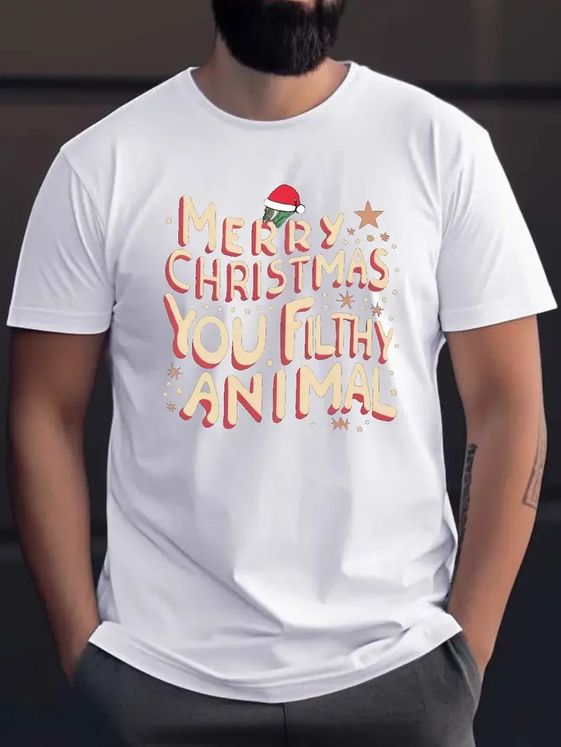 

Men's Novel Santa Claus and Deer Pattern Printed T-Shirt, Medium Elastic Round Neck Casual T-Shirt, Perfect for Men's Christmas Gift