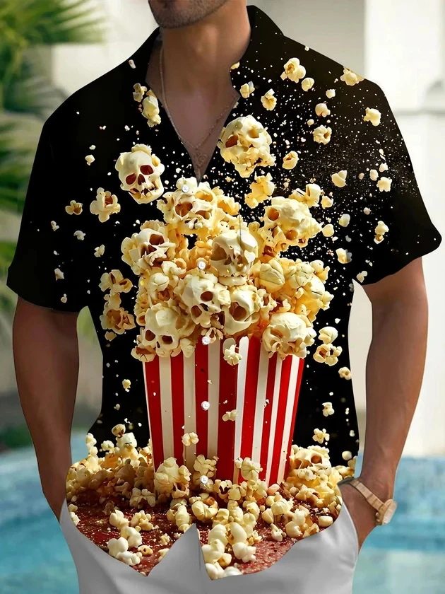 Funny Halloween Men's Shirt Skull Popcorn Print Lapel Short Sleeve Casual Streetwear Holiday Beach Men Clothing