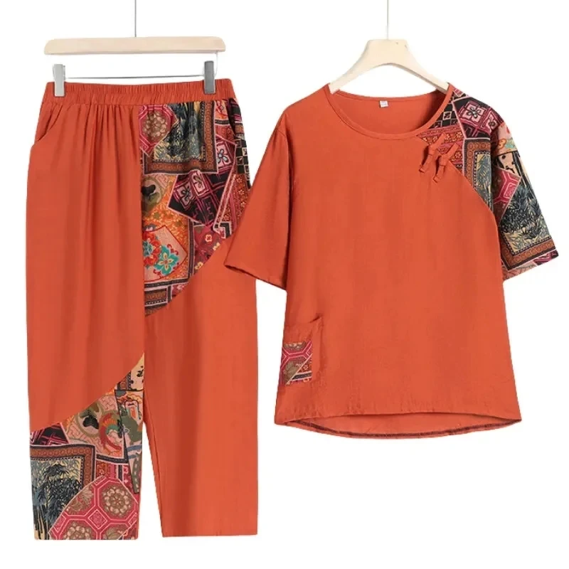 Traje coreano de lino y algodón para mujer, traje de viento étnico de 2 piezas, informal, camisa de manga corta, novedad de verano 2024