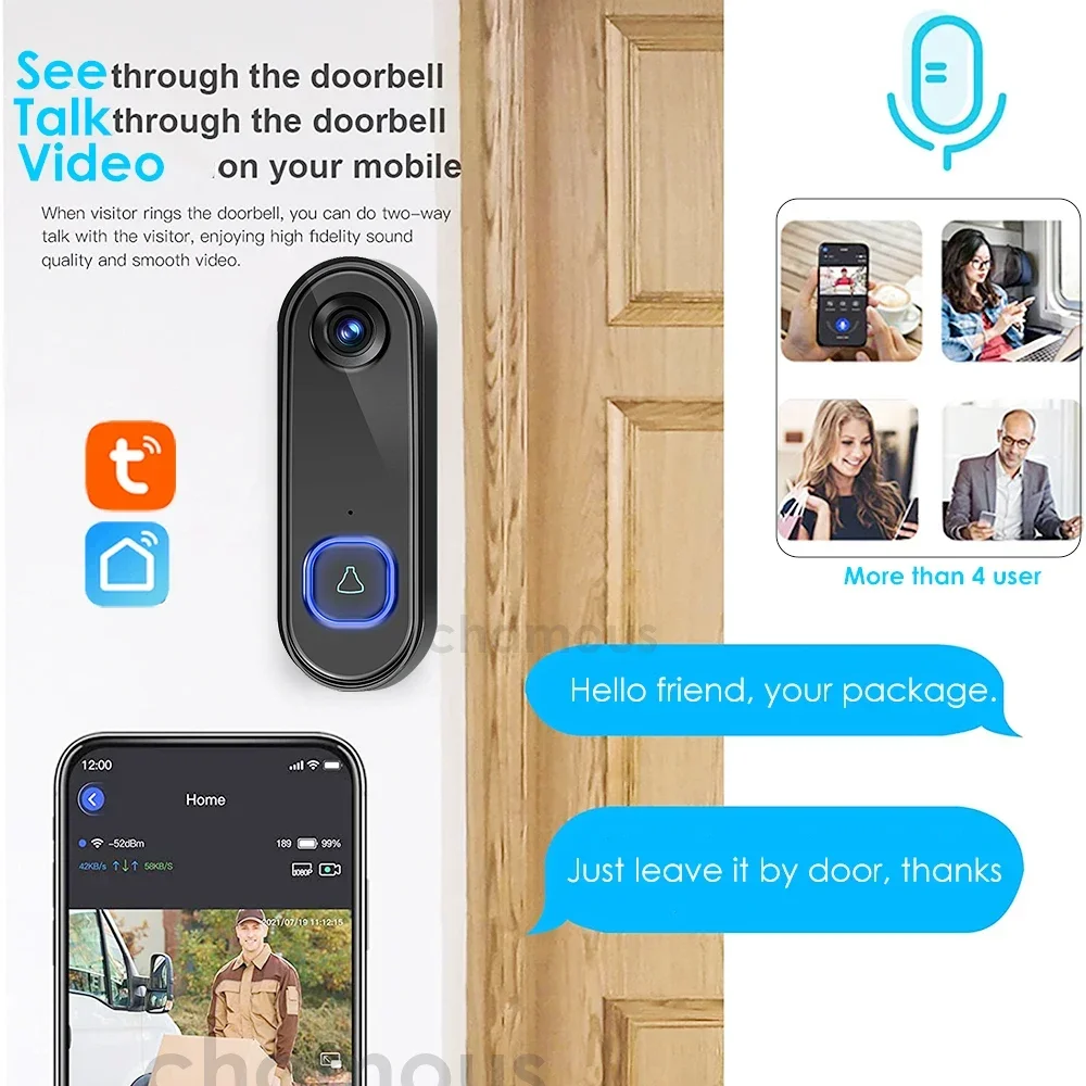 Sonnette vidéo Tuya WiFi sans fil, sonnette extérieure, caméra de porte, alimentation CA, téléphone de porte vidéo 1080P, étanche IP65, Alexa,