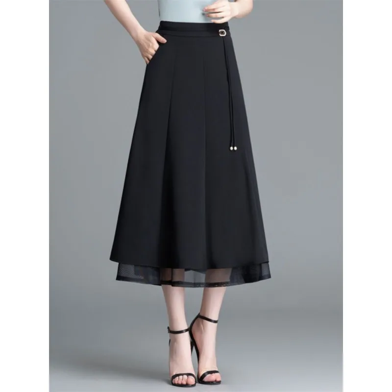 

Женская юбка миди с высокой талией, А-силуэта, однотонная, с сетчатым подолом, расклешенная, с карманами, элегантная, для офиса и повседневной носки