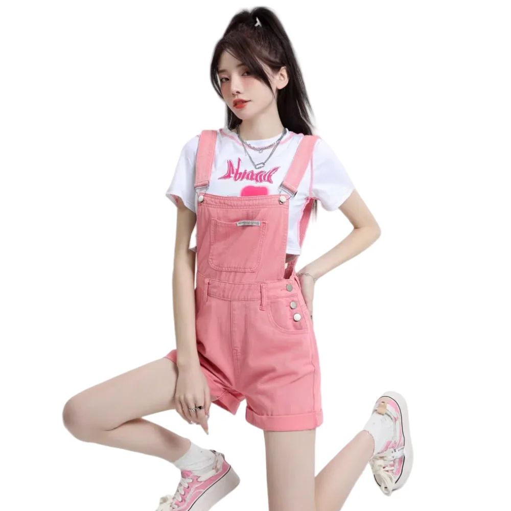 

Розовый короткий джинсовый комбинезон, женский короткий комбинезон с высокой талией, повседневный комбинезон с потертыми бретельками, лето 2025 джинсовый комбинезон