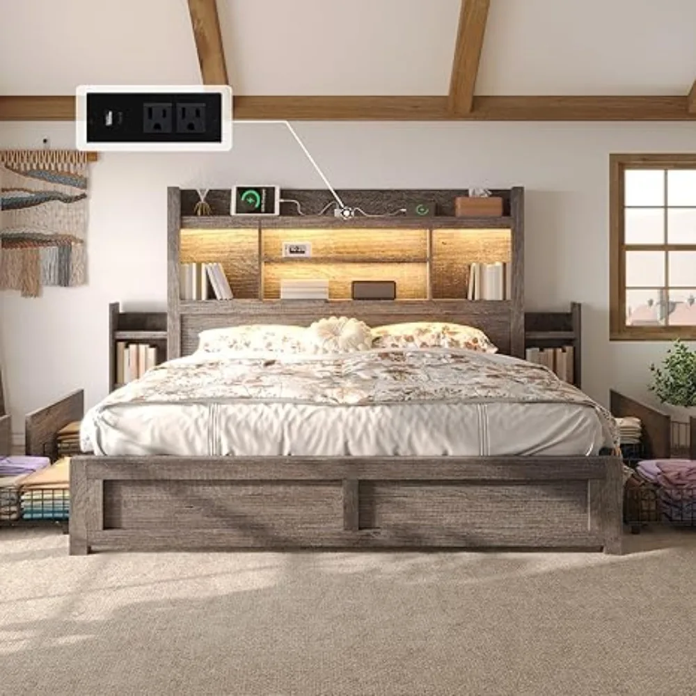 

Full/Queen/King Bed Frame with 49.6" Bookcase Headboard & 2 Detachable Bedside Stoage Racks & 4 Drawers, Farmhouse Wood Bed,Grey