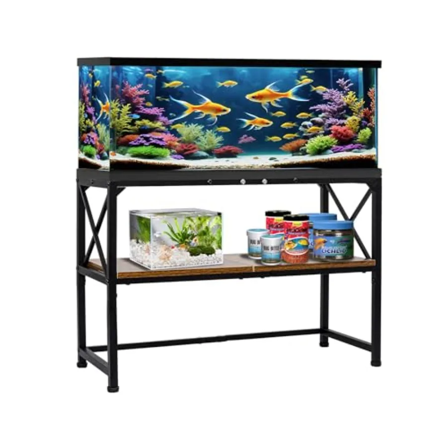 

Fish Tank Stand Aquarium Stand with 2-Tier Storage Shelves Rustic Brown Metal Frame Turtle Tank Adjustable Height Design