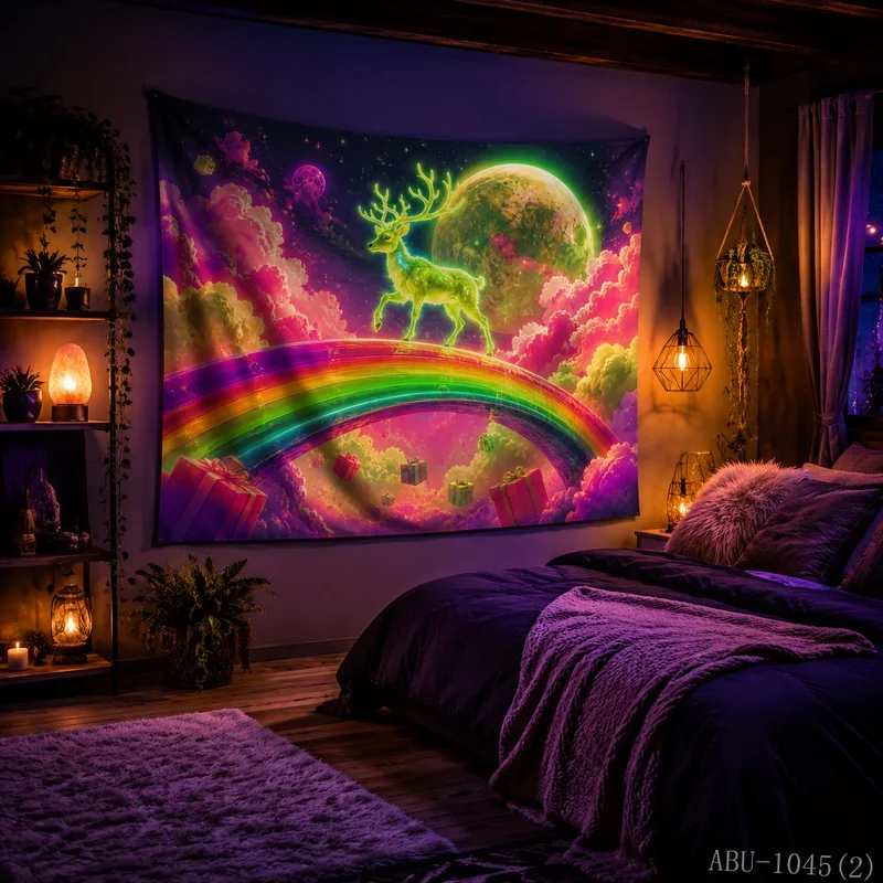 VIKAMA Stars Rainbow Blacklight UV Reactive Glow Tapestry Wall Hanging, Wall Art for Bedroom Dorm Party Game Room Bar Decor