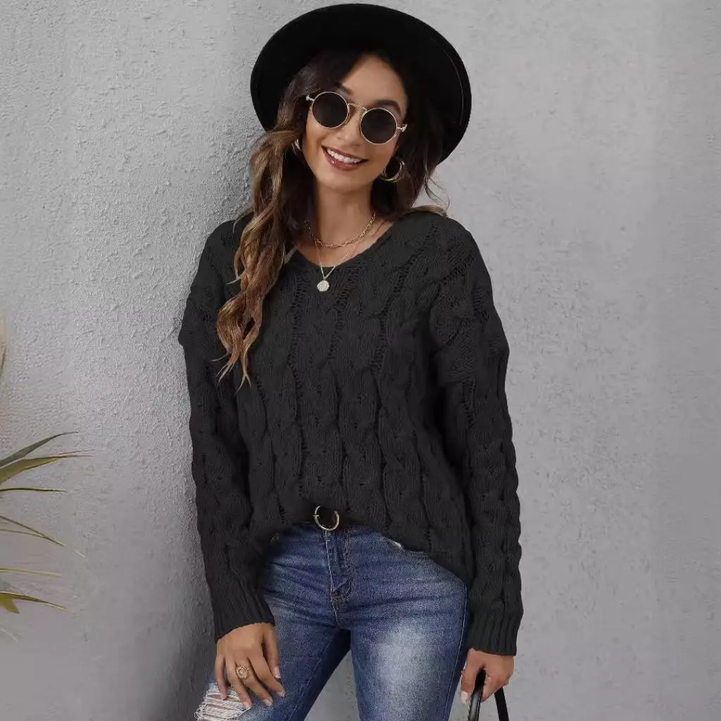 Women's Thickened Twist Knitted V-Neck Hooded Sweater European American Style Loose Pullover Top M604