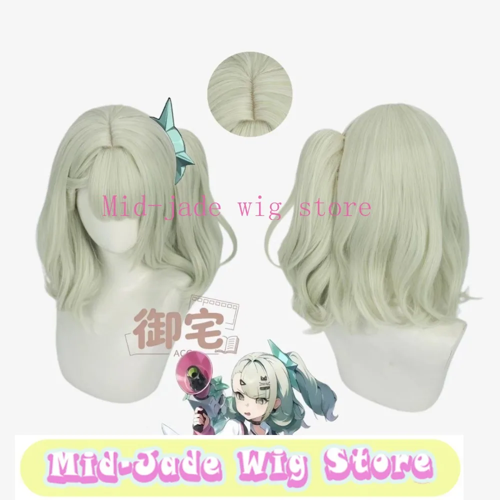 千夏（qianxia）コスプレウィッグ。肩までの長さで、カールしたポニーテールにクリップで留めるタイプ。リアルな頭皮を再現した合成繊維のウィッグで、コスチュームショーに最適。